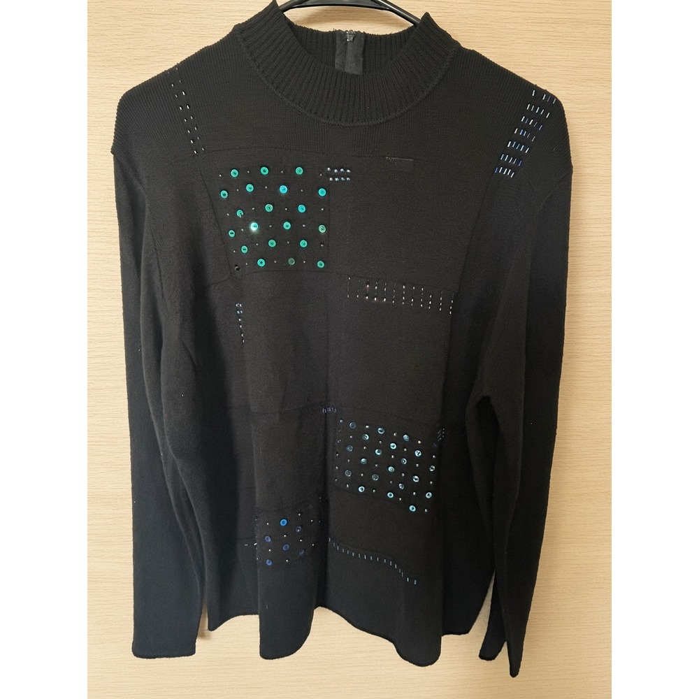 Koret Womens Black Sequin Beaded Mock Neck Sweater Back Zip Size L 190U721